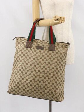 GUCCI GG Canvas Web Sherry Line Tote Bag Beige Silver 131233 Auth gh1729